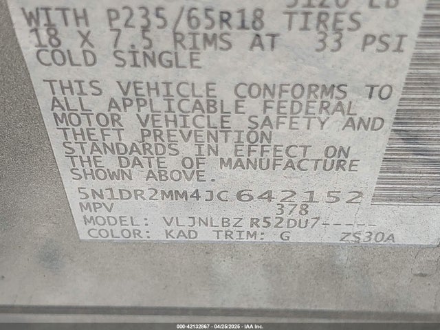 5N1DR2MM4JC642152 Nissan Pathfinder S