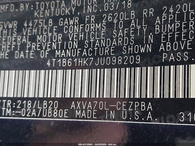 4T1B61HK7JU098209 Toyota CAMRY XSE