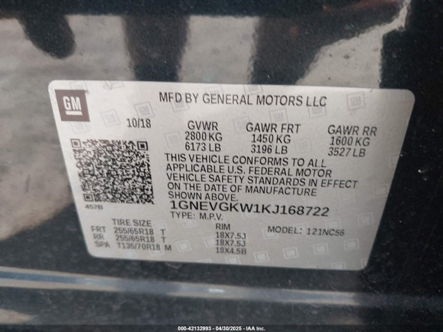 1GNEVGKW1KJ168722 Chevrolet Traverse 1lt