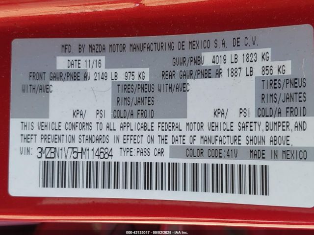 3MZBN1V75HM114684 Mazda Mazda3 Touring