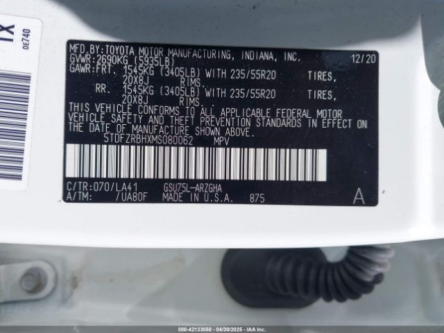 5TDFZRBHXMS080062 Toyota Highlander Platinum