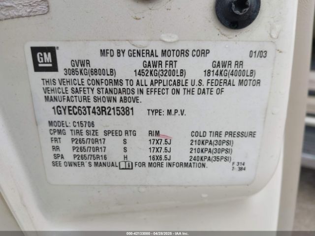 2003 CADILLAC ESCALADE 1GYEC63T43R215381 Photo 8