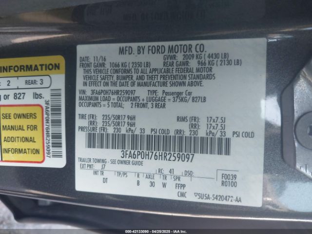 3FA6P0H76HR259097 Ford FUSION SE