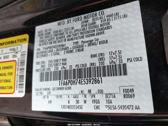 1FA6P0H74E5392861 Ford FUSION SE