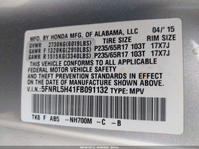 5FNRL5H41FB091132 Honda ODYSSEY EX