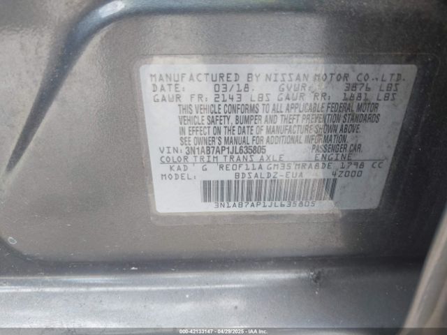 3N1AB7AP1JL635805 Nissan SENTRA SV