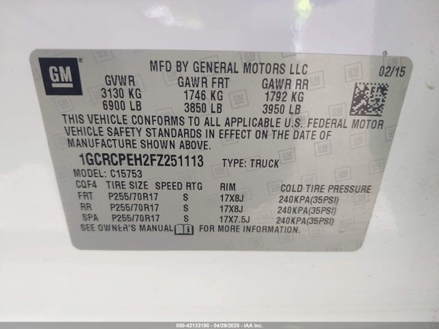 1GCRCPEH2FZ251113 Chevrolet Silverado 1500 Wt