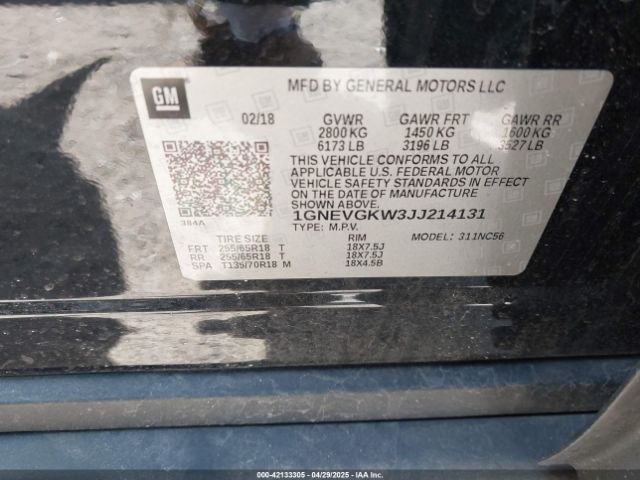 1GNEVGKW3JJ214131 Chevrolet Traverse 1lt