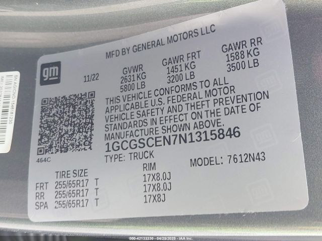 1GCGSCEN7N1315846 Chevrolet Colorado 2wd  Short Box Lt