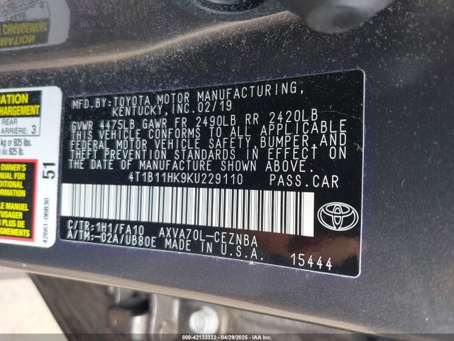 4T1B11HK9KU229110 Toyota CAMRY LE