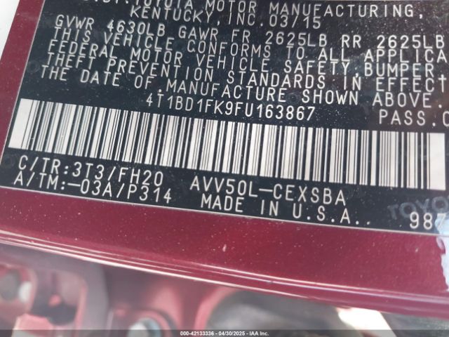 4T1BD1FK9FU163867 Toyota Camry Hybrid Se