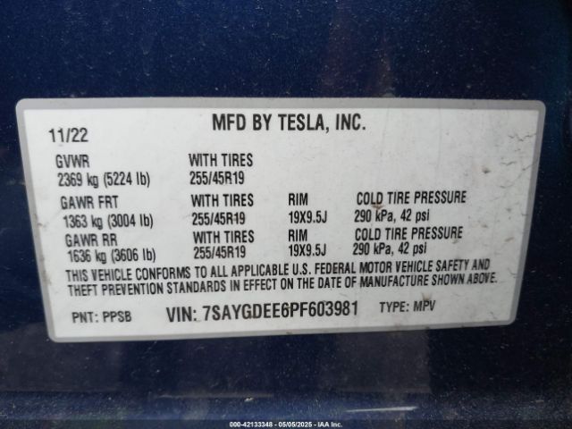 7SAYGDEE6PF603981 Tesla Model Y Awd/long Range Dual Motor All-wheel Drive