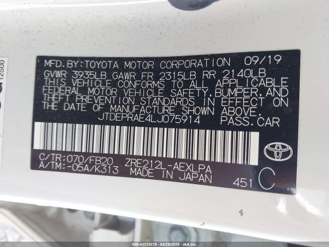 JTDEPRAE4LJ075914 Toyota COROLLA LE