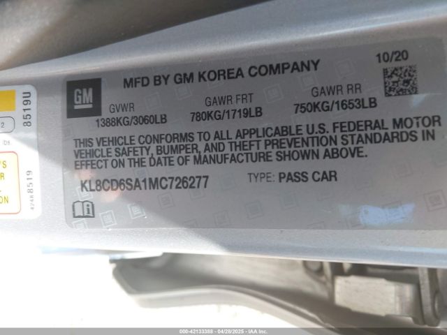 KL8CD6SA1MC726277 Chevrolet Spark Fwd 1lt Automatic