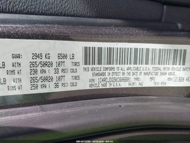 1C4RDJDG5KC606601 Dodge Durango Gt Awd