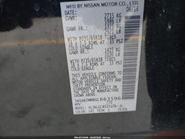 5N1AR2MM8GC663596 Nissan Pathfinder Sl
