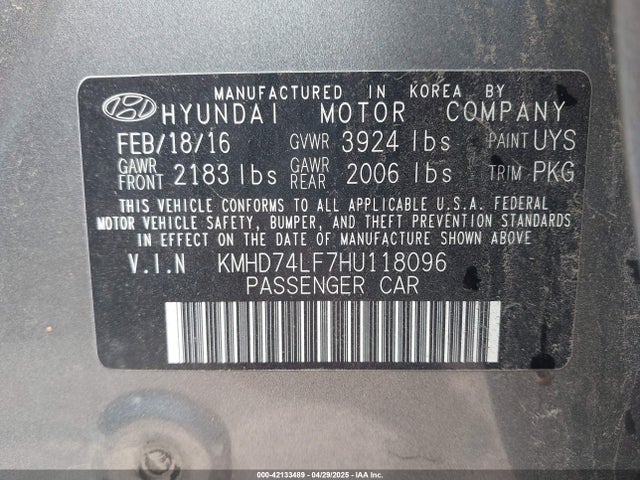 KMHD74LF7HU118096 Hyundai ELANTRA SE