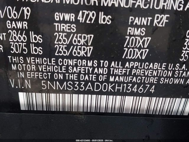 5NMS33AD0KH134674 Hyundai Santa Fe Sel
