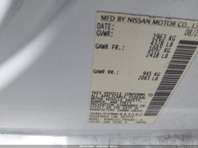 1N4BL4CV9NN413162 Nissan Altima Sr Fwd