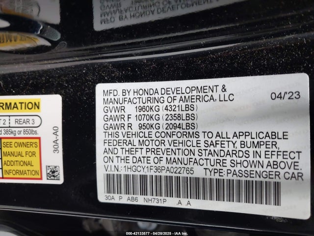 1HGCY1F36PA022765 Honda ACCORD EX
