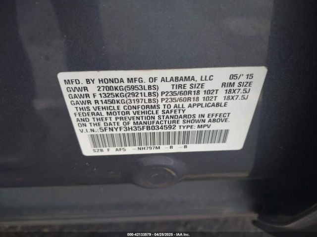 5FNYF3H35FB034592 Honda PILOT SE