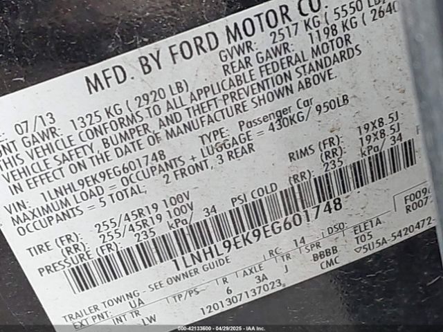 1LNHL9EK9EG601748 Lincoln MKS