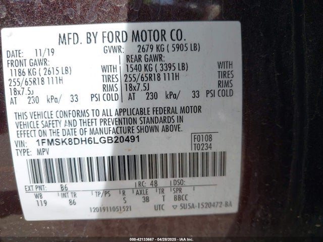 1FMSK8DH6LGB20491 Ford EXPLORER XLT