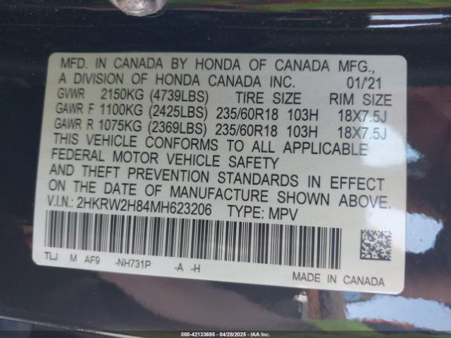 2HKRW2H84MH623206 Honda Cr-v Awd Ex-l