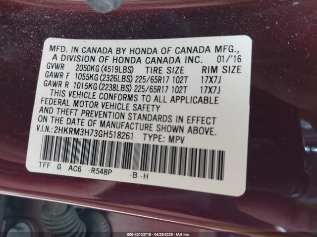 2HKRM3H73GH518261 Honda Cr-v Ex-l