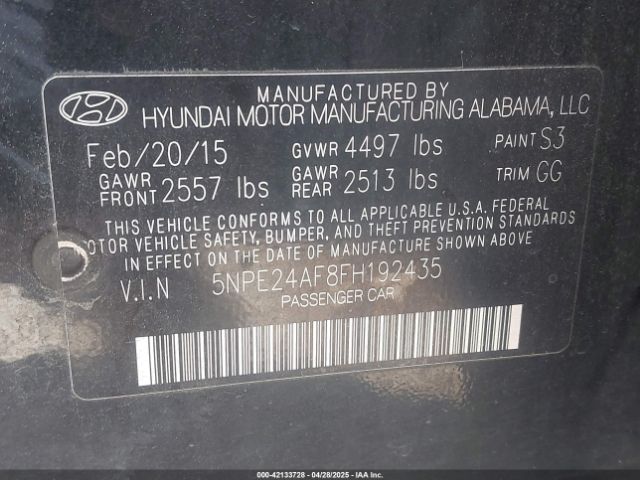 5NPE24AF8FH192435 Hyundai SONATA SE