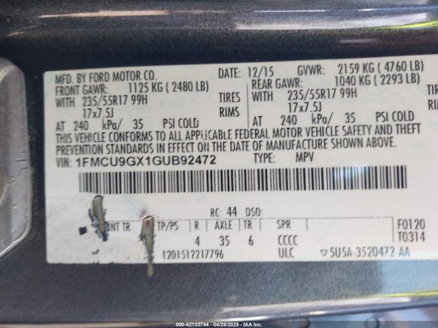 1FMCU9GX1GUB92472 Ford ESCAPE SE