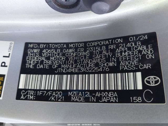 JTND4MBE3R3225476 Toyota COROLLA SE