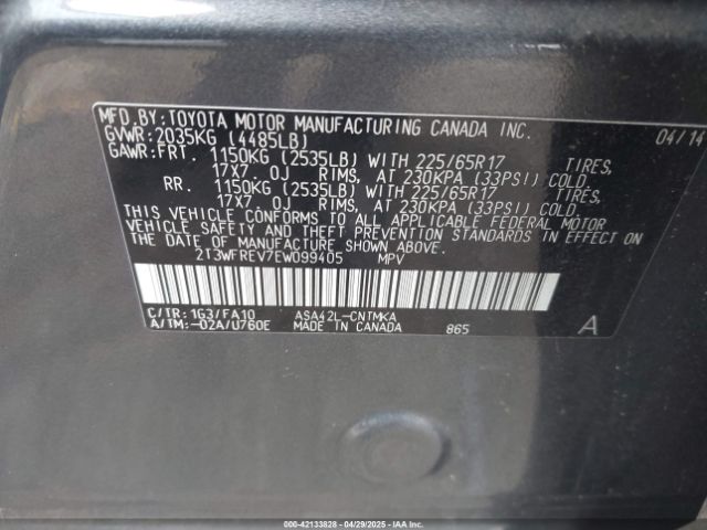 2T3WFREV7EW099405 Toyota Rav4 Xle