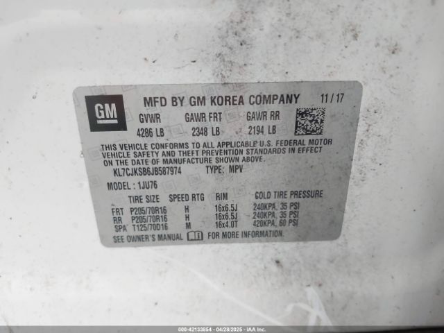 KL7CJKSB6JB587974 Chevrolet TRAX LS