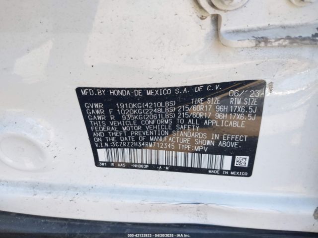 3CZRZ2H34RM712345 Honda Hr-v Awd Lx