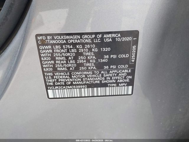 1V2JR2CA2MC539992 Volkswagen Atlas 3.6l V6 Se W/technology