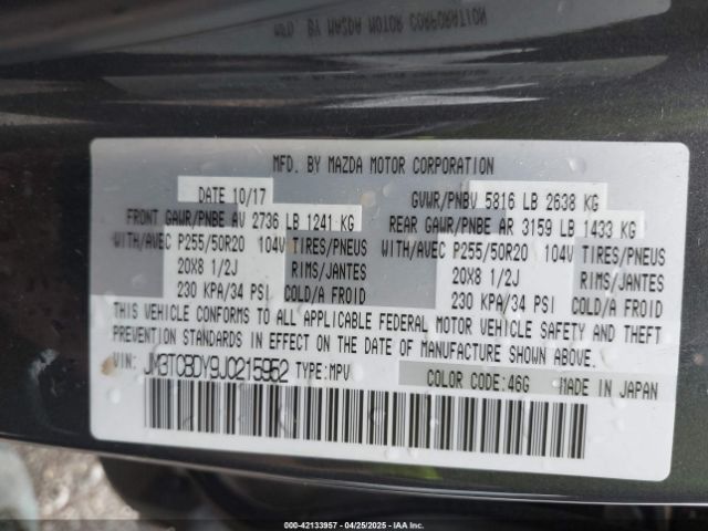 JM3TCBDY9J0215952 Mazda Cx-9 Grand Touring