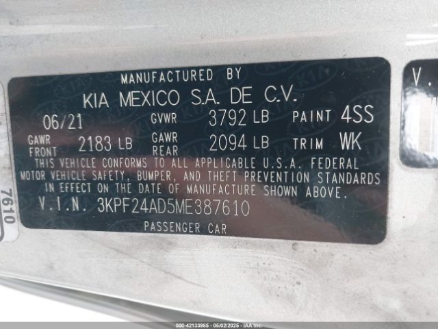3KPF24AD5ME387610 KIA Forte Lxs