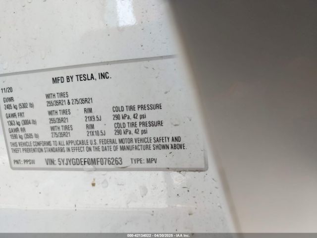 5YJYGDEF0MF076263 Tesla Model Y Performance Dual Motor All-wheel Drive