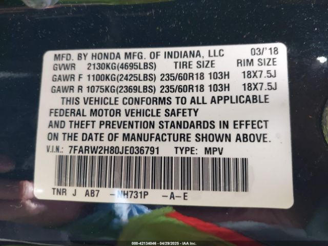 7FARW2H80JE036791 Honda Cr-v Ex-l/ex-l Navi