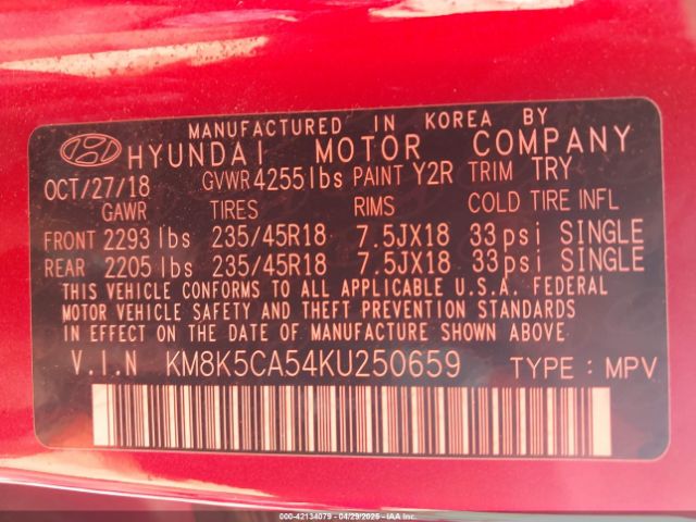 2019 HYUNDAI KONA KM8K5CA54KU250659 Photo 8