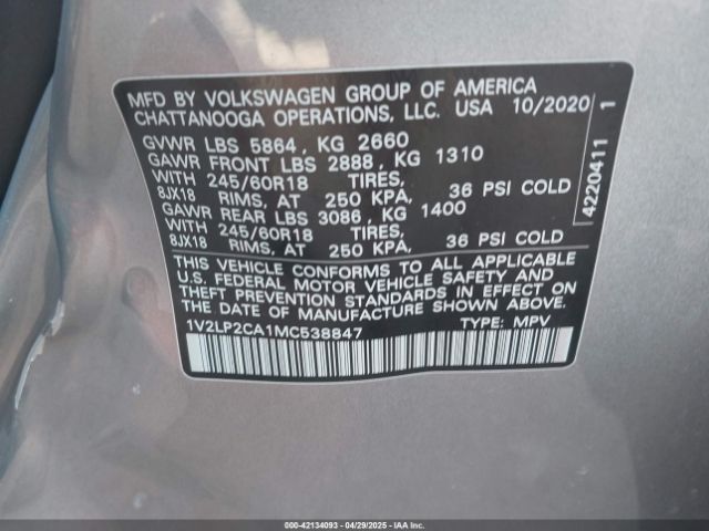 1V2LP2CA1MC538847 Volkswagen Atlas 2.0t Se