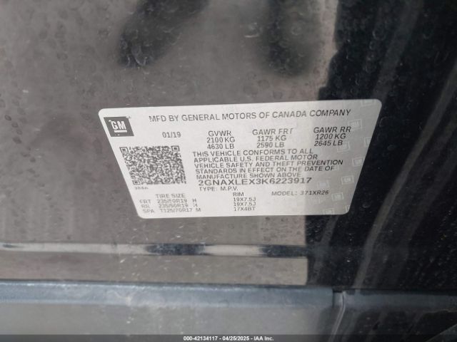 2GNAXLEX3K6223917 Chevrolet EQUINOX LT