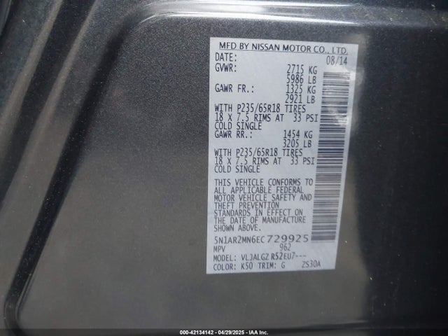Nissan Pathfinder Sl 2014 5N1AR2MN6EC729925 Image 9