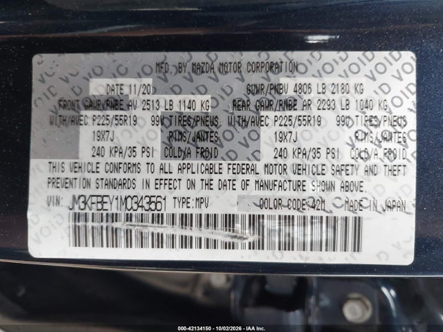 Aukcja sprzedaży 2021 Mazda Cx-5 Signature, vin: JM3KFBEY1M0343561, numer aukcji: 42134150