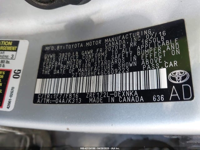 2T1BURHE4GC609223 Toyota COROLLA LE