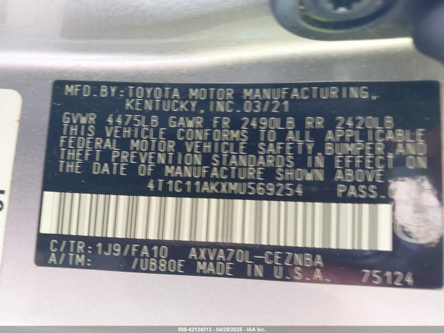 4T1C11AKXMU569254 Toyota CAMRY LE