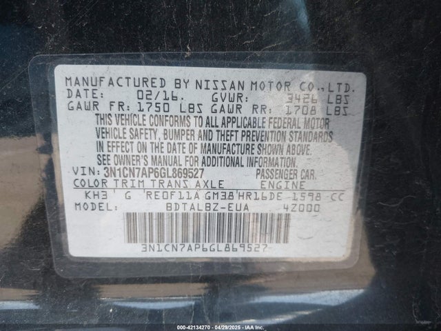 3N1CN7AP6GL869527 Nissan Versa 1.6 S/1.6 S+/1.6 Sl/1.6 Sv