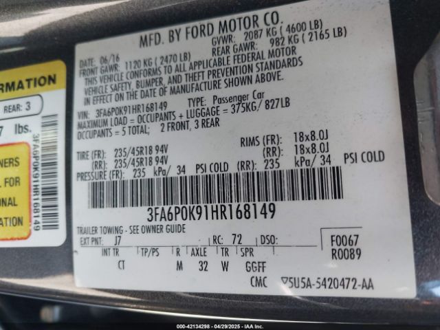 3FA6P0K91HR168149 Ford Fusion Titanium