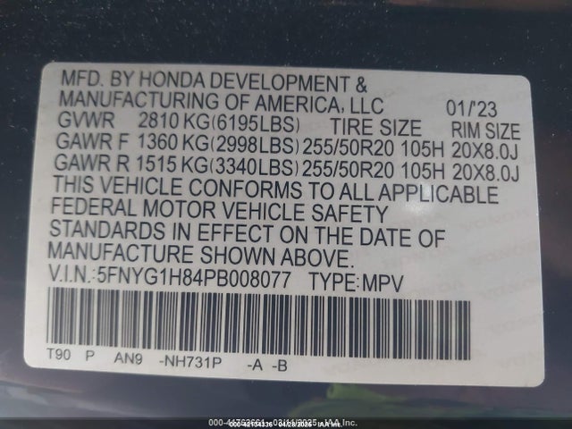 5FNYG1H84PB008077 Honda Pilot Awd Elite